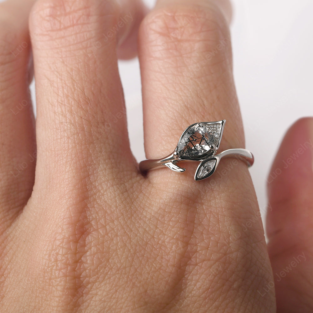 Pear Shaped Rutilated Quartz Leaf Engagement Ring - LUO Jewelry