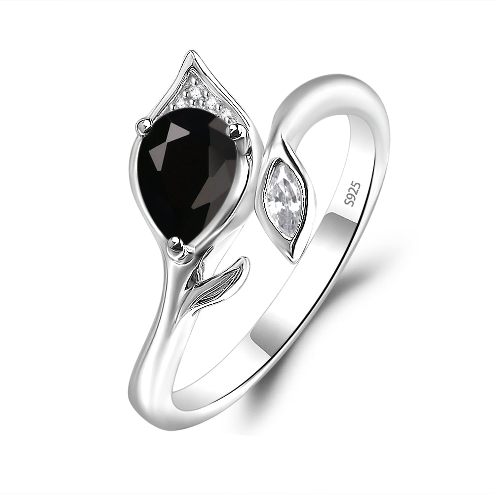 Pear Shaped Black Spinel Leaf Engagement Ring - LUO Jewelry