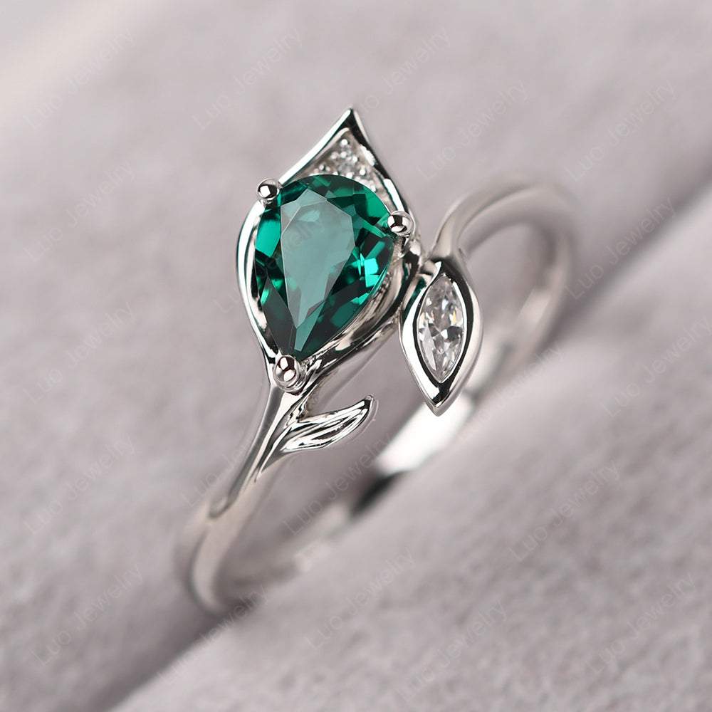 Pear Shaped Emerald Leaf Engagement Ring - LUO Jewelry