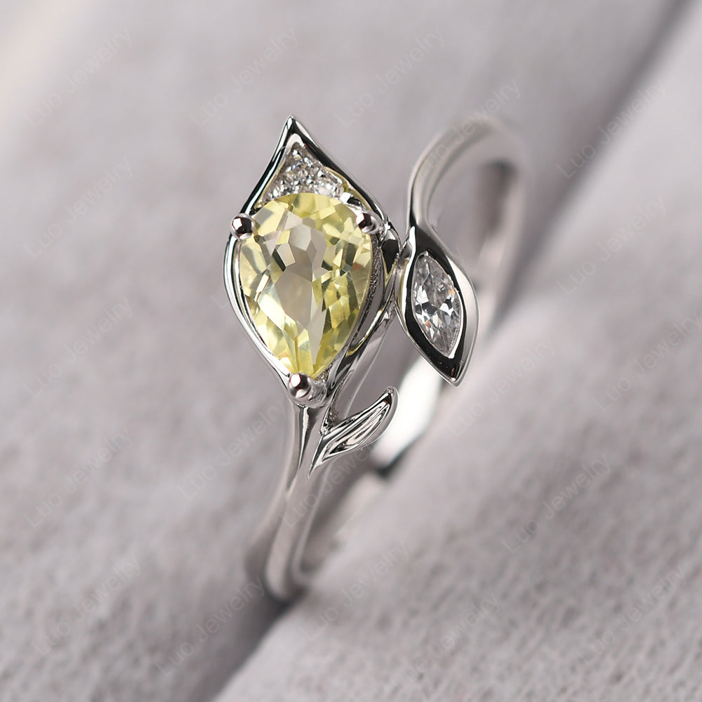 Pear Shaped Lemon Quartz Leaf Engagement Ring - LUO Jewelry