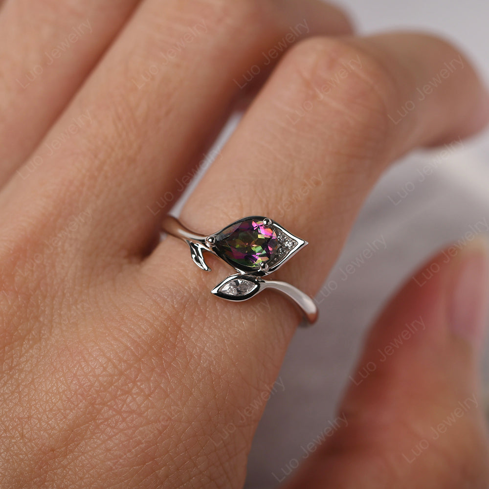 Pear Shaped Mystic Topaz Leaf Engagement Ring - LUO Jewelry
