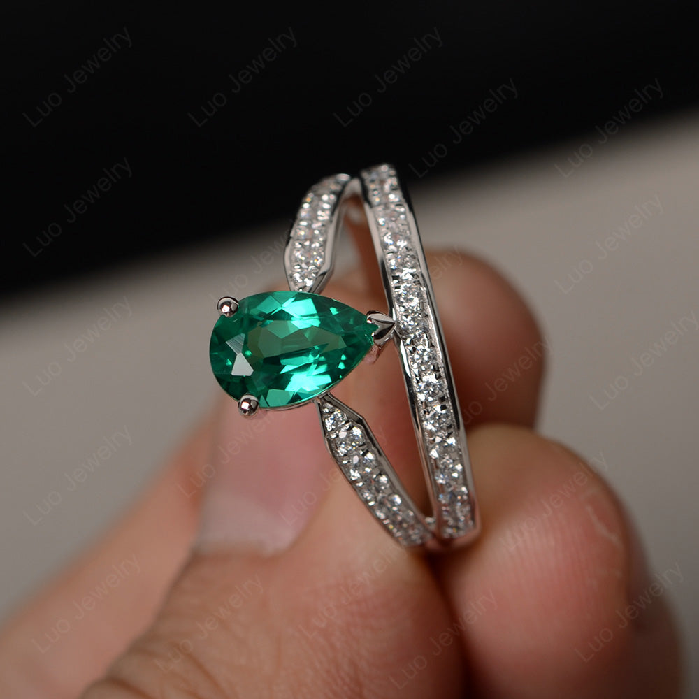 Pear Cut Lab Emerald Engagement Ring For Women - LUO Jewelry