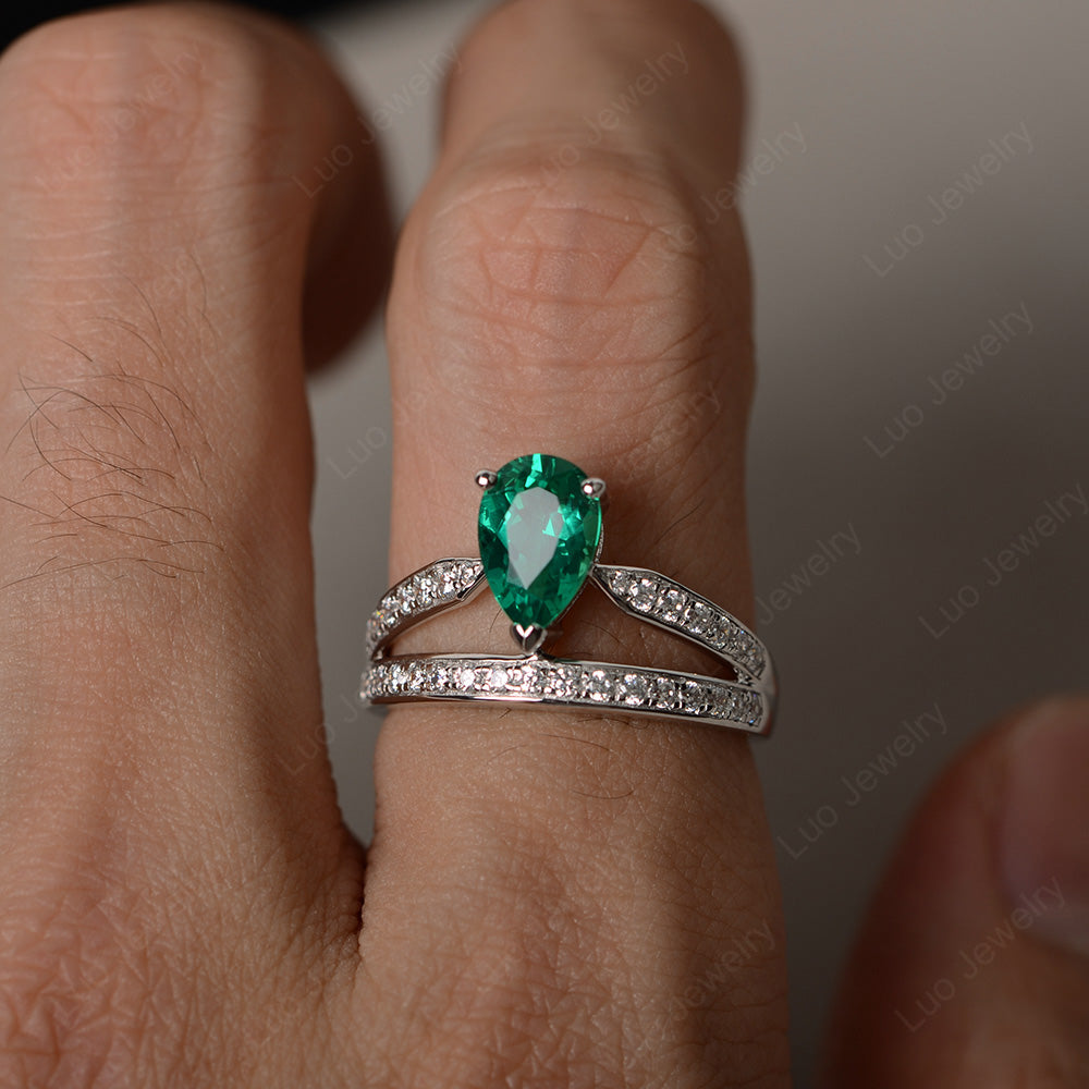 Pear Cut Lab Emerald Engagement Ring For Women - LUO Jewelry