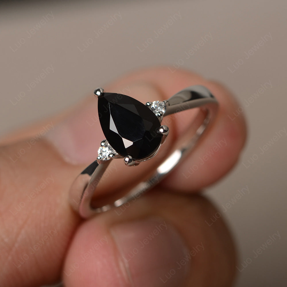 Simple Pear Shaped Black Stone Wedding Ring - LUO Jewelry