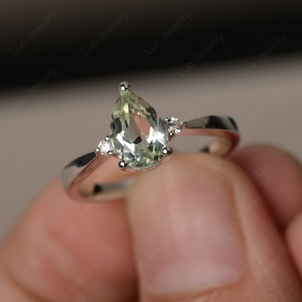 Simple Pear Shaped Green Amethyst Wedding Ring - LUO Jewelry