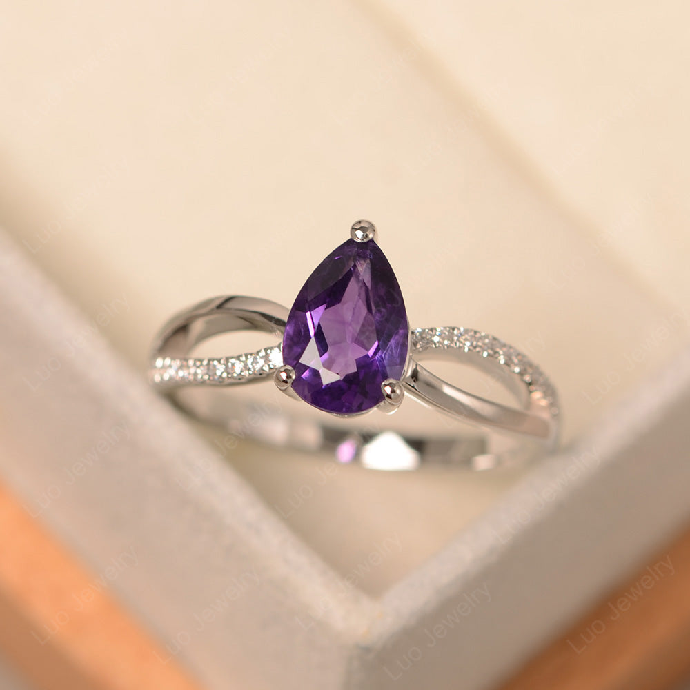 Pear Shaped Amethyst Ring Split Shank - LUO Jewelry