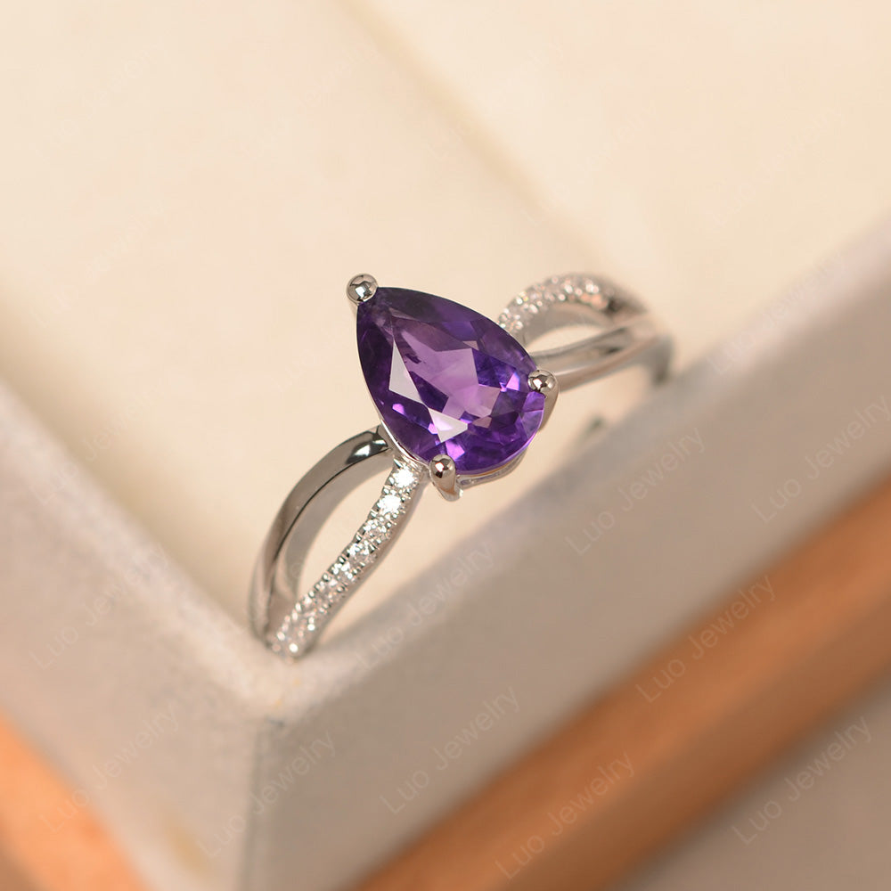 Pear Shaped Amethyst Ring Split Shank - LUO Jewelry