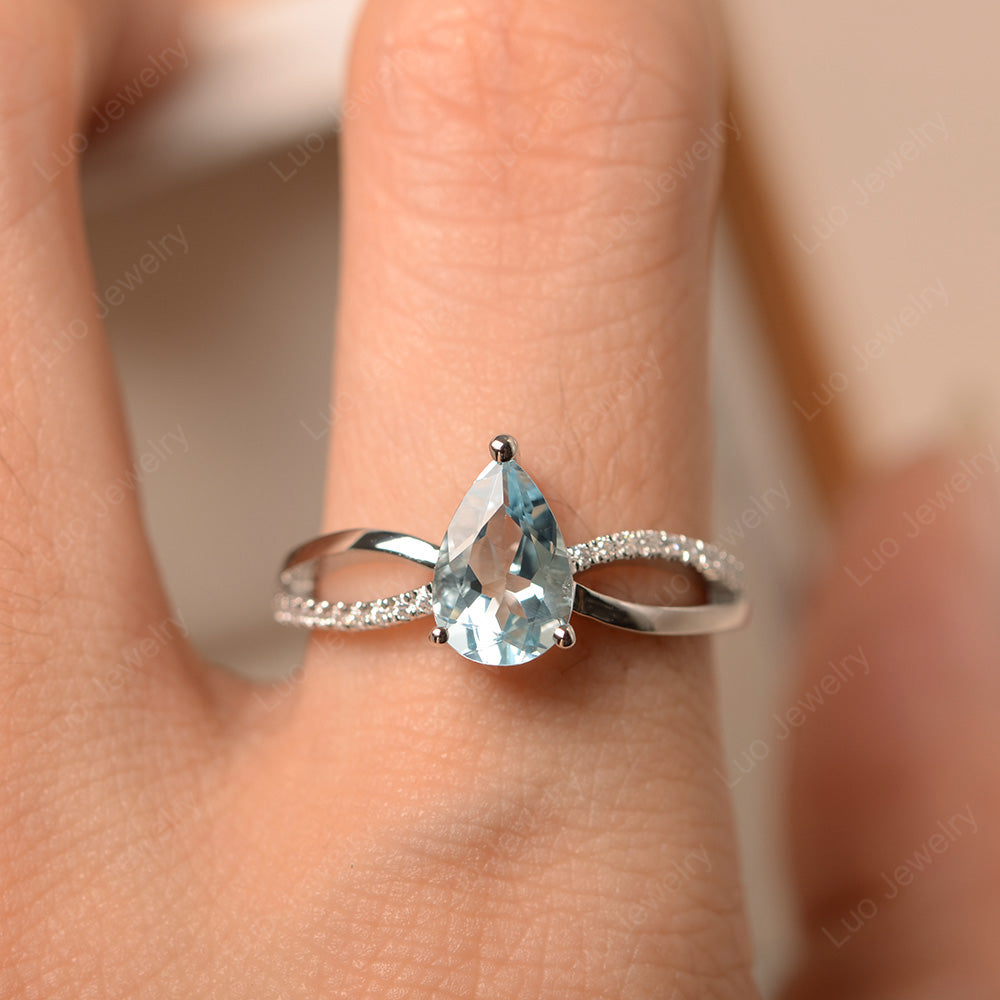 Pear Shaped Aquamarine Ring Split Shank - LUO Jewelry