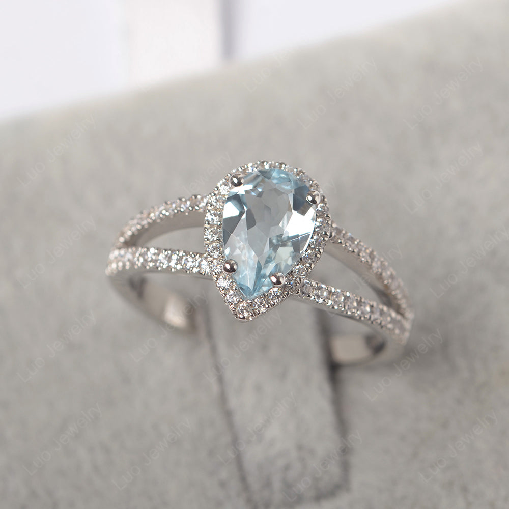 Pear Shaped Aquamarine Halo Split Shank Ring LUO