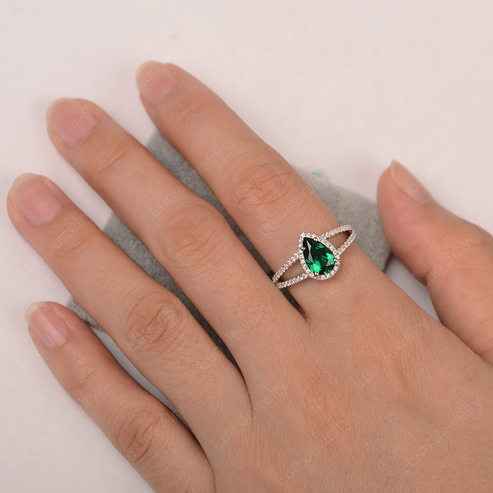 Pear Shaped Lab Emerald Halo Split Shank Engagement Ring - LUO Jewelry
