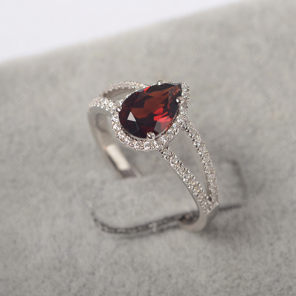 Pear Shaped Garnet Halo Split Shank Engagement Ring - LUO Jewelry