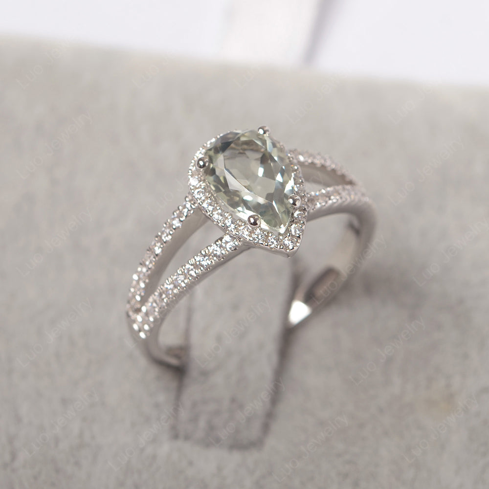 Pear Shaped Green Amethyst Halo Split Shank Engagement Ring - LUO Jewelry
