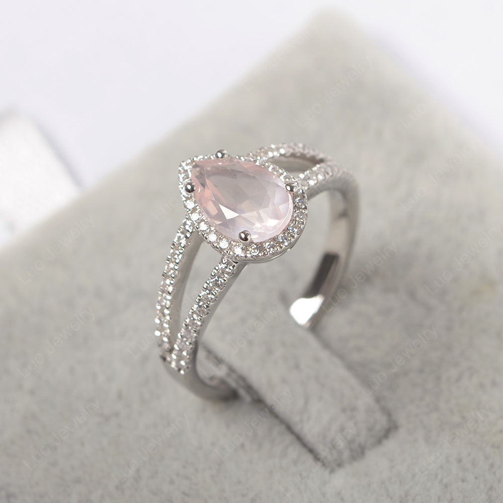 Pear Shaped Rose Quartz Halo Split Shank Engagement Ring - LUO Jewelry