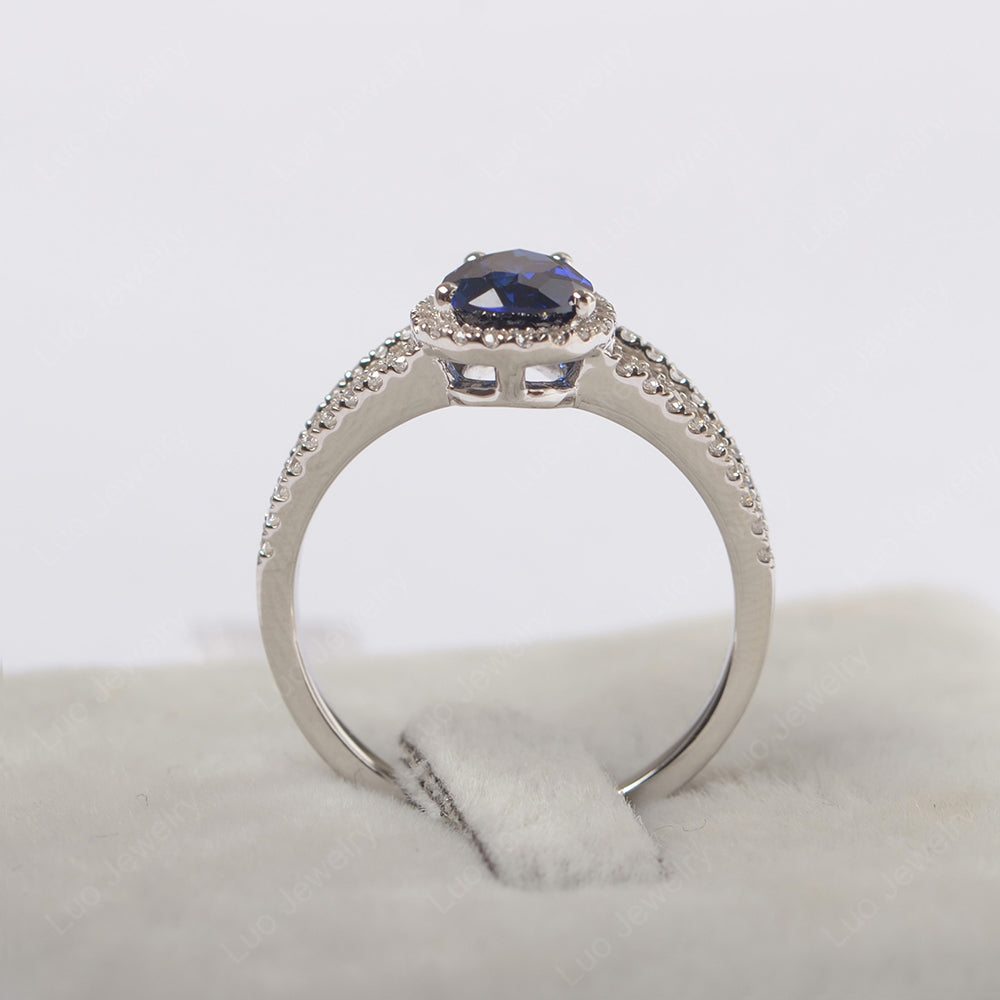 Pear Shaped Lab Sapphire Halo Split Shank Engagement Ring - LUO Jewelry