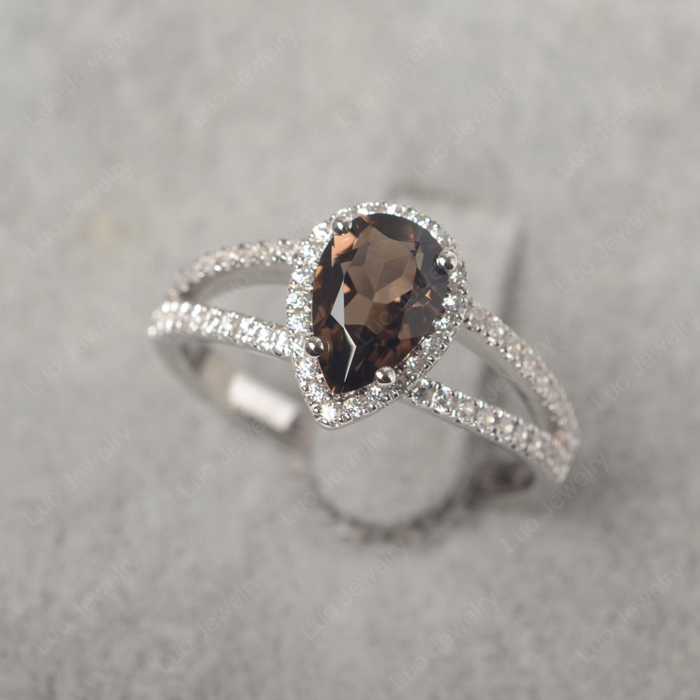 Pear Shaped Smoky Quartz Halo Split Shank Engagement Ring - LUO Jewelry