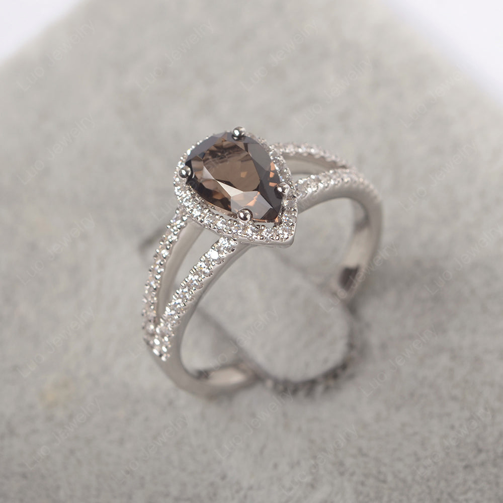 Pear Shaped Smoky Quartz Halo Split Shank Engagement Ring - LUO Jewelry