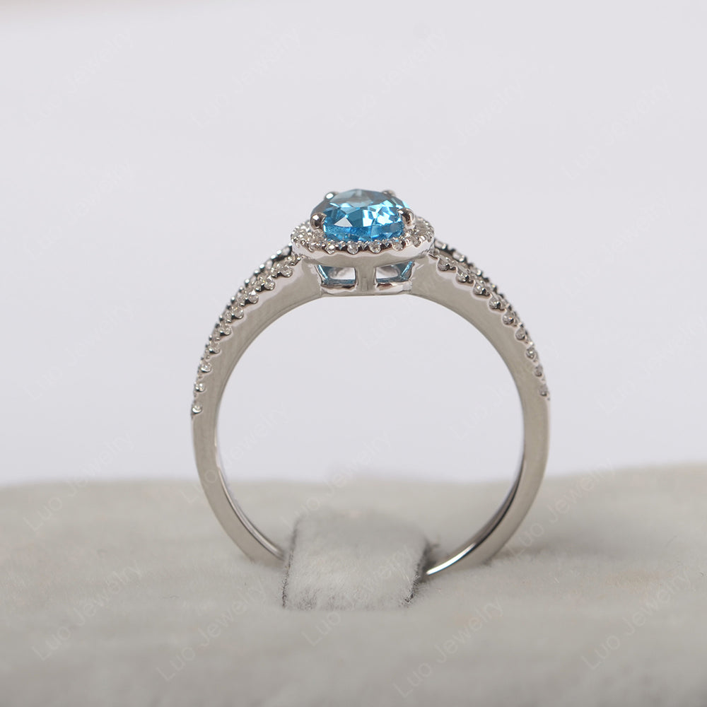 Pear Shaped Swiss Blue Topaz Halo Split Shank Engagement Ring - LUO Jewelry