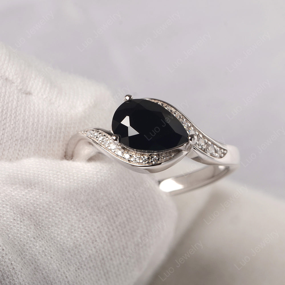 East West Pear Black Stone Engagement Ring Gold - LUO Jewelry