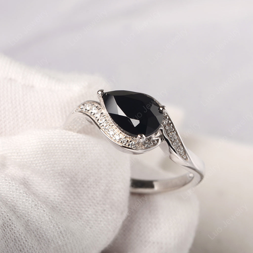 East West Pear Black Stone Engagement Ring Gold - LUO Jewelry