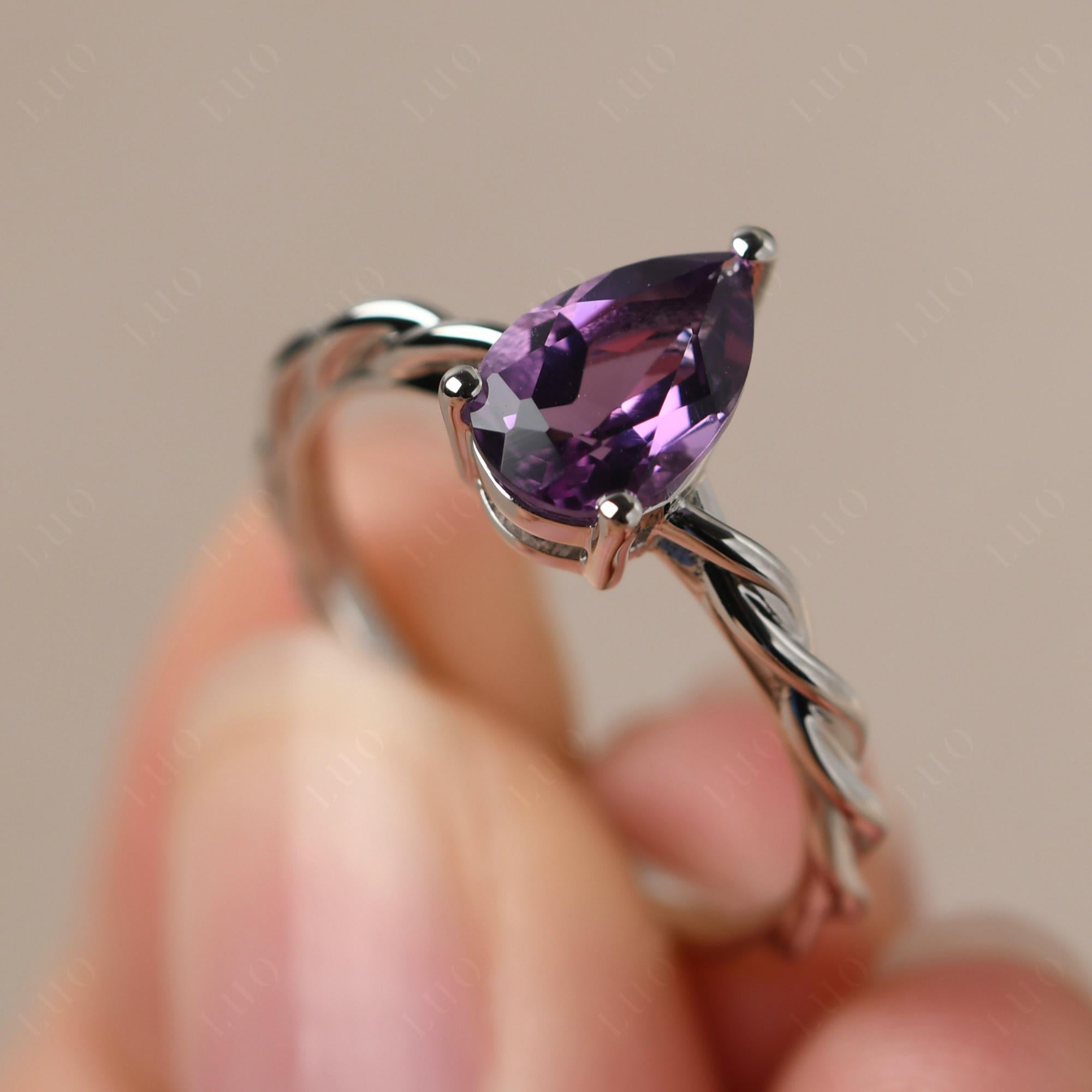 Teardrop Amethyst Solitaire Rope Ring - LUO Jewelry