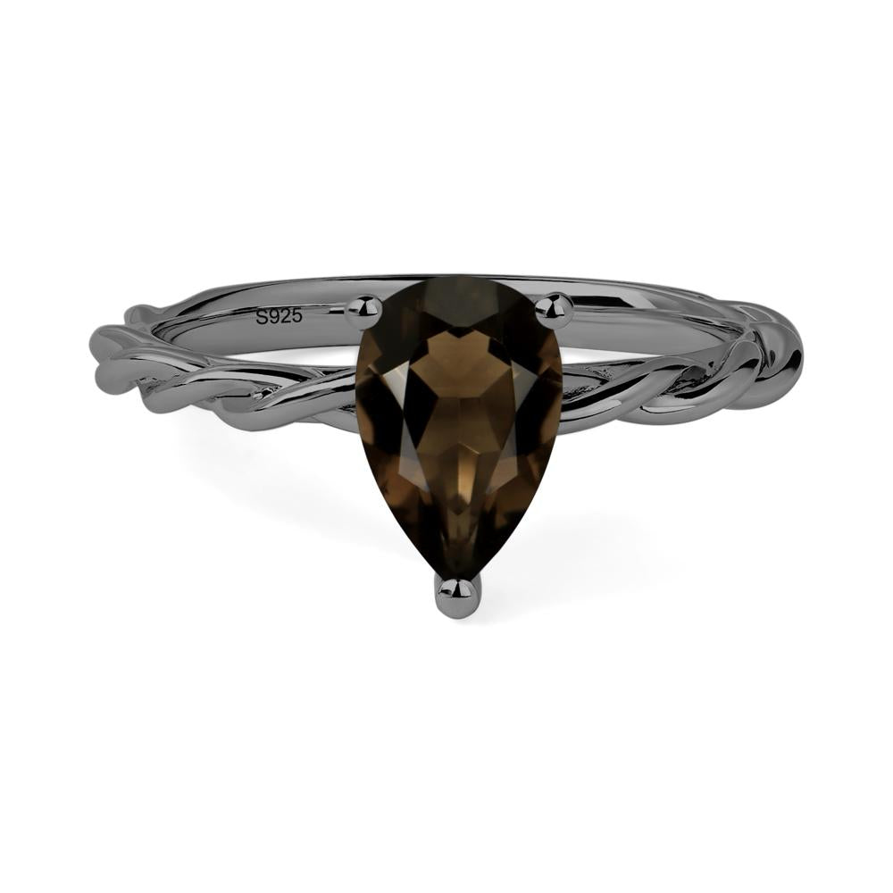 Teardrop Smoky Quartz Solitaire Rope Ring - LUO Jewelry #metal_black finish sterling silver
