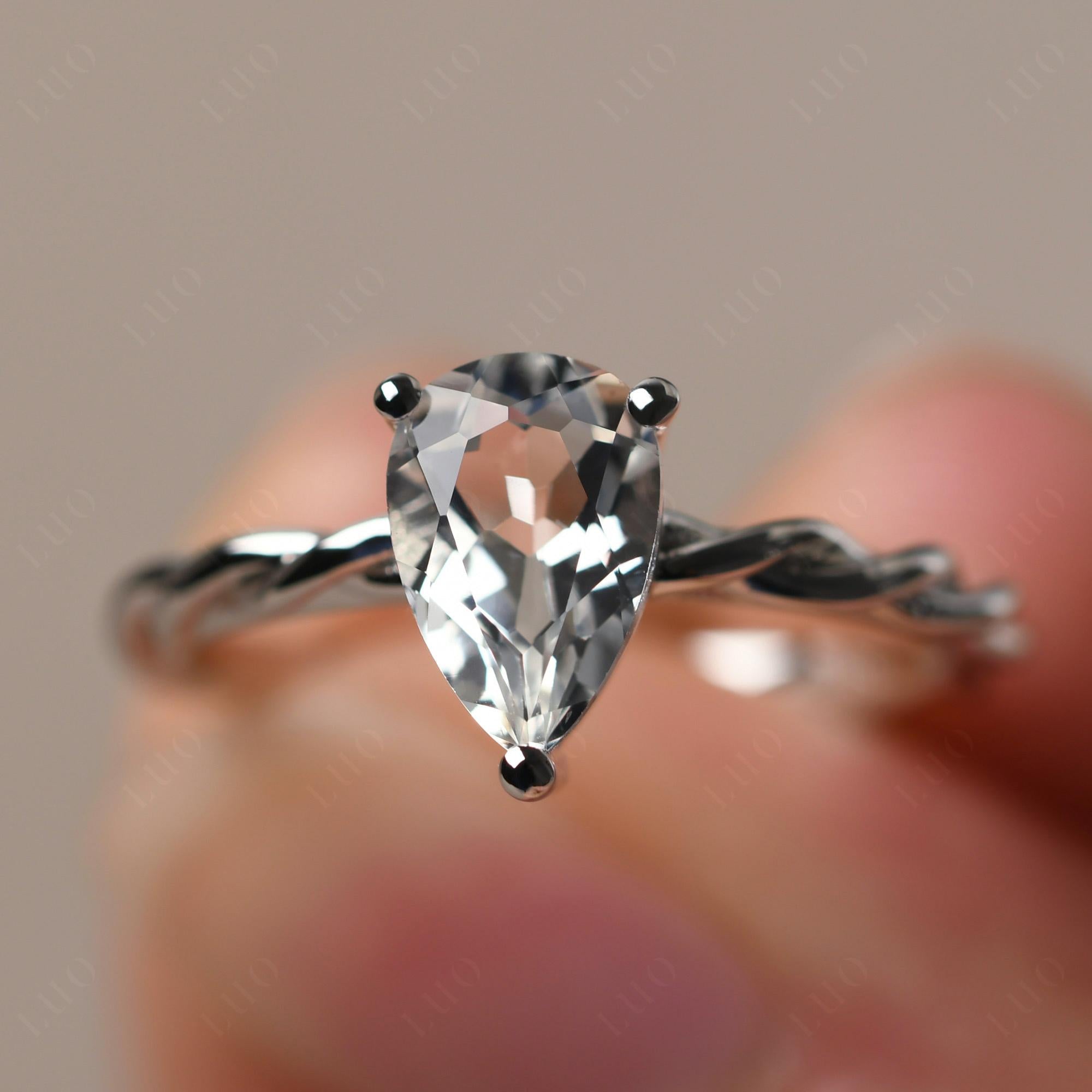 Teardrop White Topaz Solitaire Rope Ring - LUO Jewelry