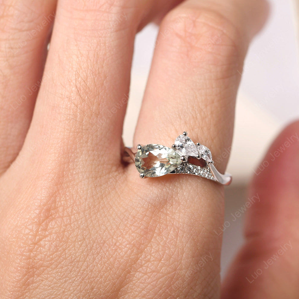 Pear Shaped Horizontal Green Amethyst Ring - LUO Jewelry