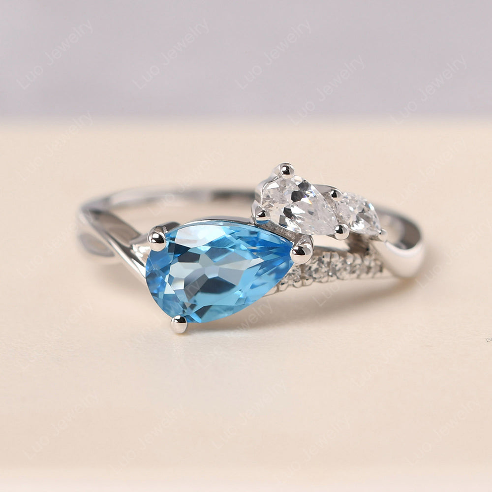 Pear Shaped Horizontal Swiss Blue Topaz Ring - LUO Jewelry