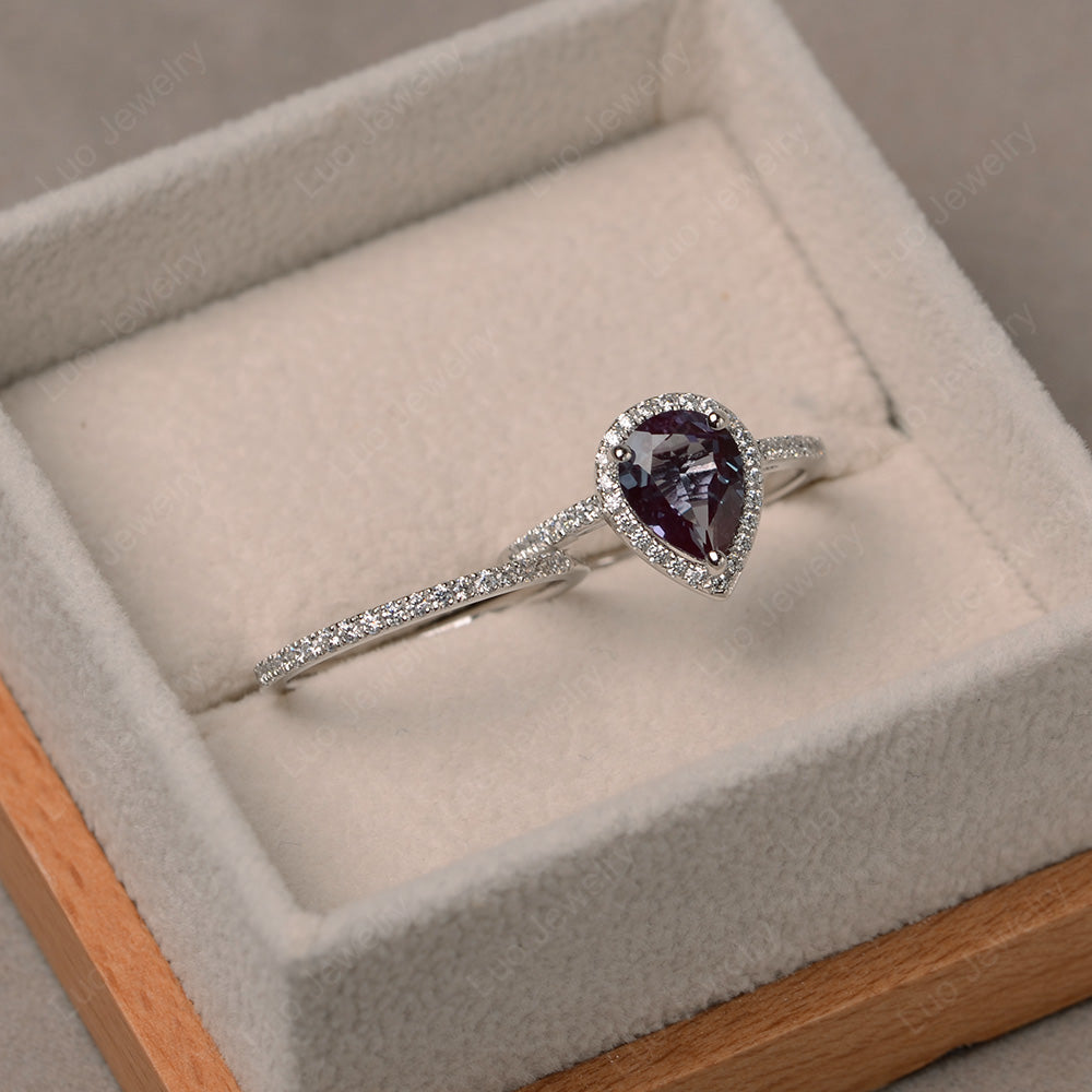 Pear Cut Alexandrite Bridal Set Engagement Ring - LUO Jewelry