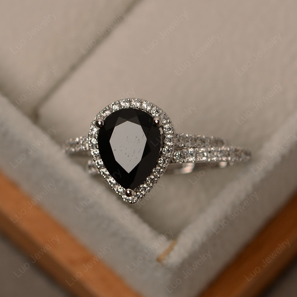 Pear Cut Black Spinel Bridal Set Engagement Ring - LUO Jewelry