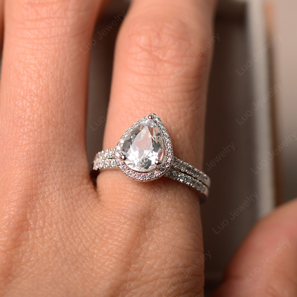 Pear Cut White Topaz Bridal Set Engagement Ring - LUO Jewelry