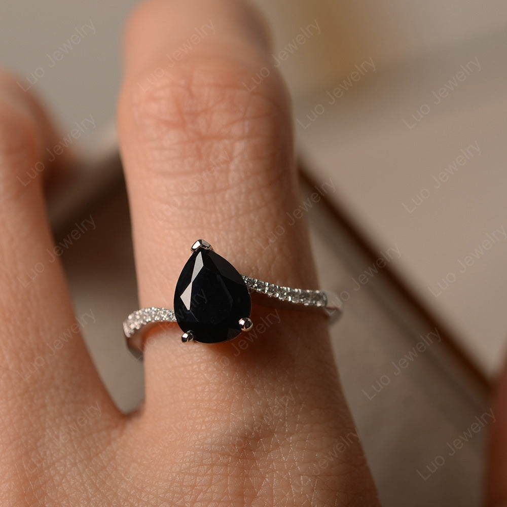 Pear Shaped Black Spinel Engagement Ring Pave - LUO Jewelry