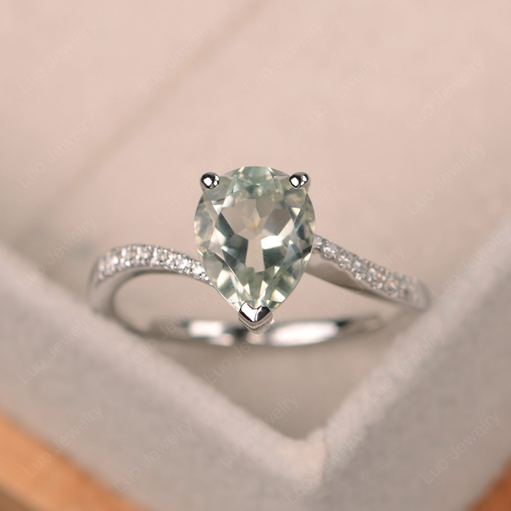 Pear Shaped Green Amethyst Engagement Ring Pave - LUO Jewelry
