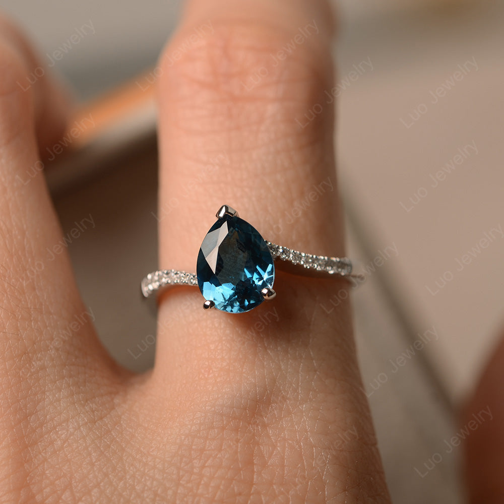 Pear Shaped London Blue Topaz Engagement Ring Pave - LUO Jewelry