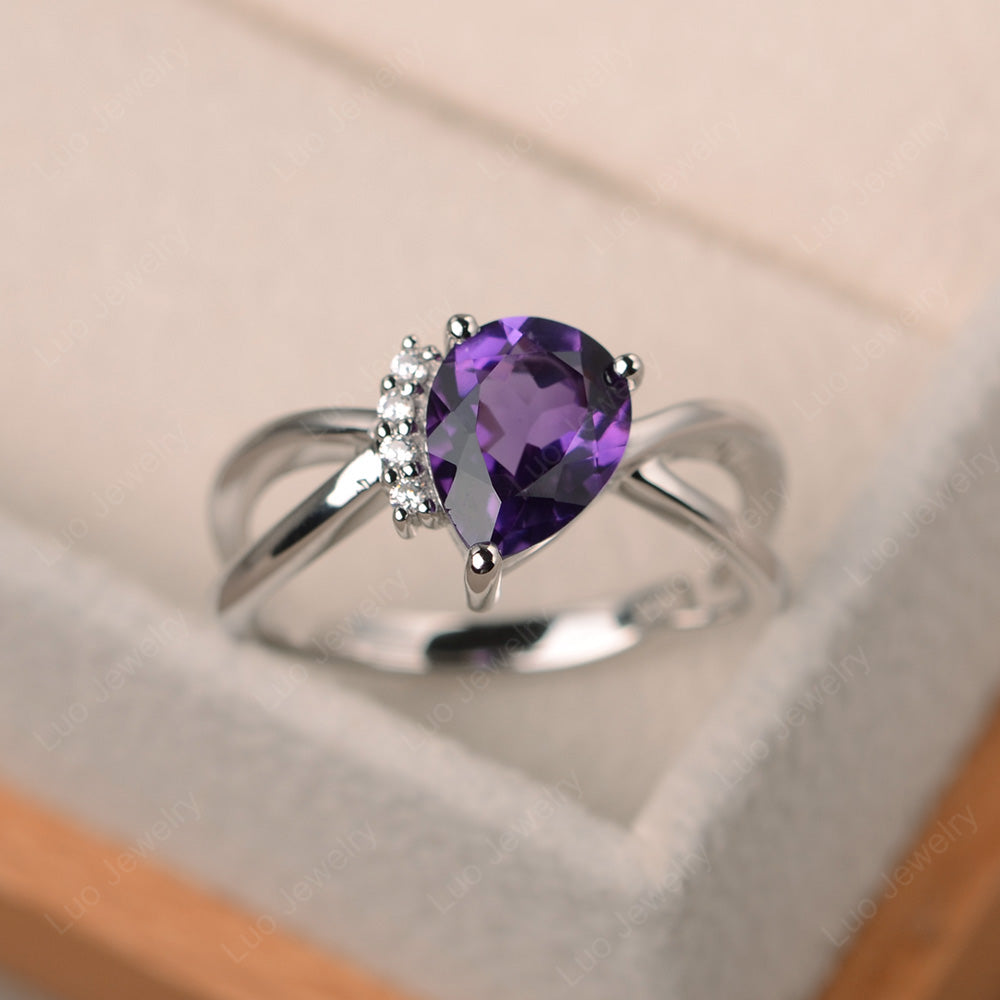 Amethyst Ring Split Shank Pear Engagement Ring - LUO Jewelry