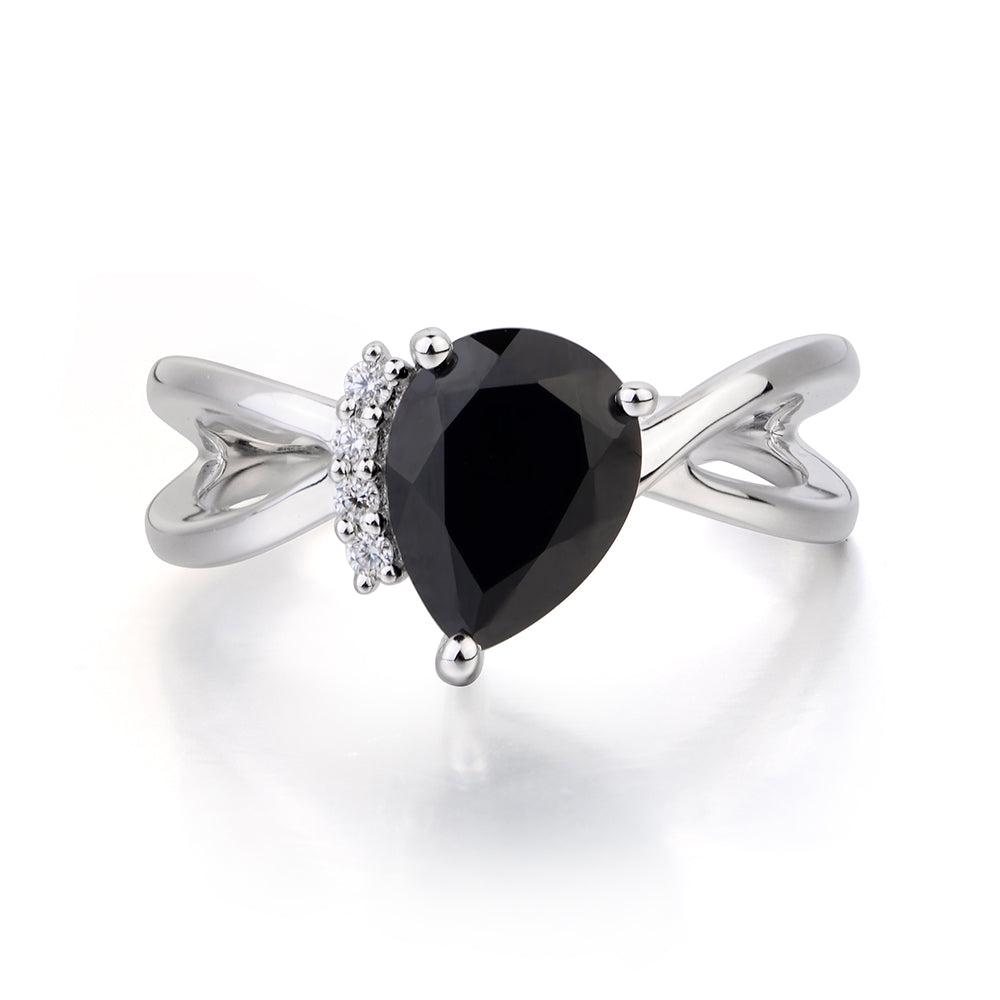 Black Spinel Ring Split Shank Pear Engagement Ring - LUO Jewelry