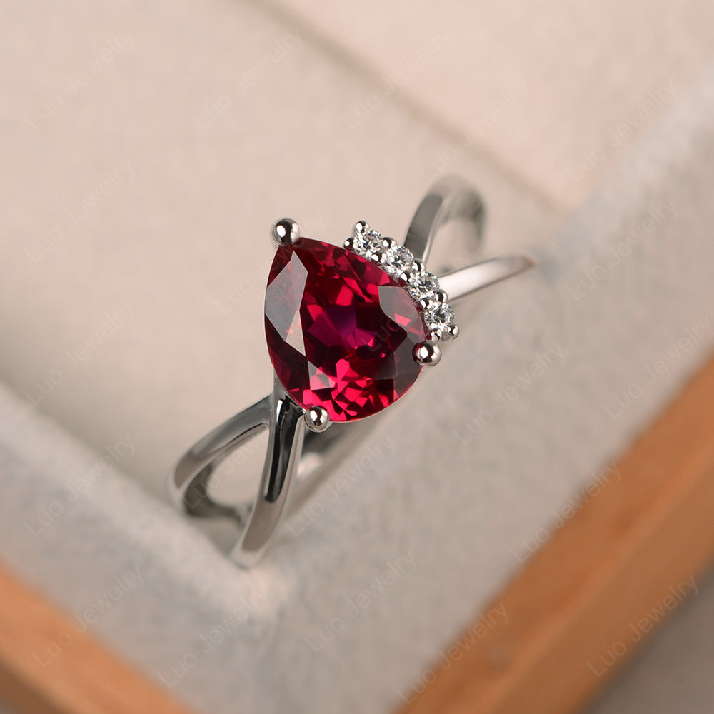 Ruby Ring Split Shank Pear Engagement Ring - LUO Jewelry