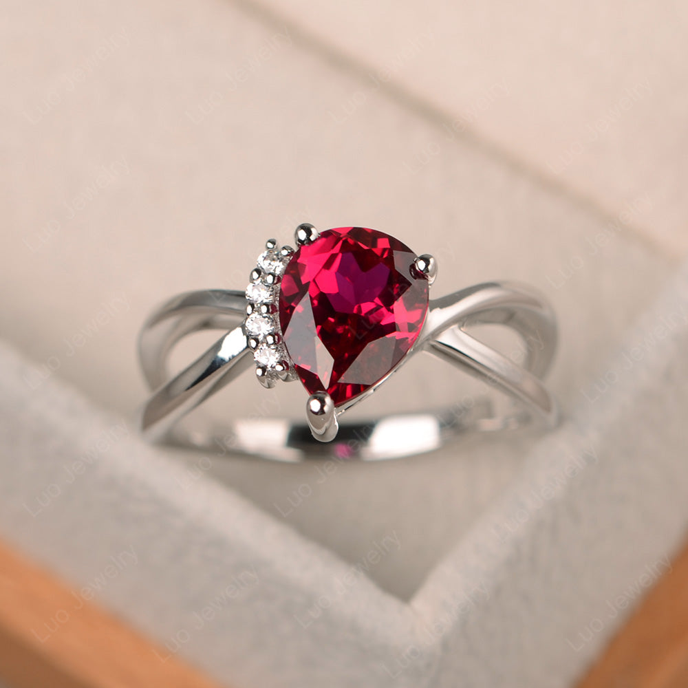 Ruby Ring Split Shank Pear Engagement Ring - LUO Jewelry