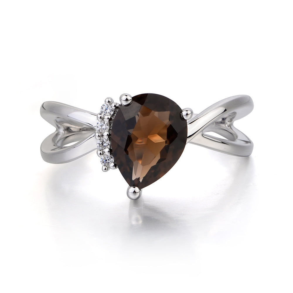 Smoky Quartz Ring Split Shank Pear Engagement Ring - LUO Jewelry