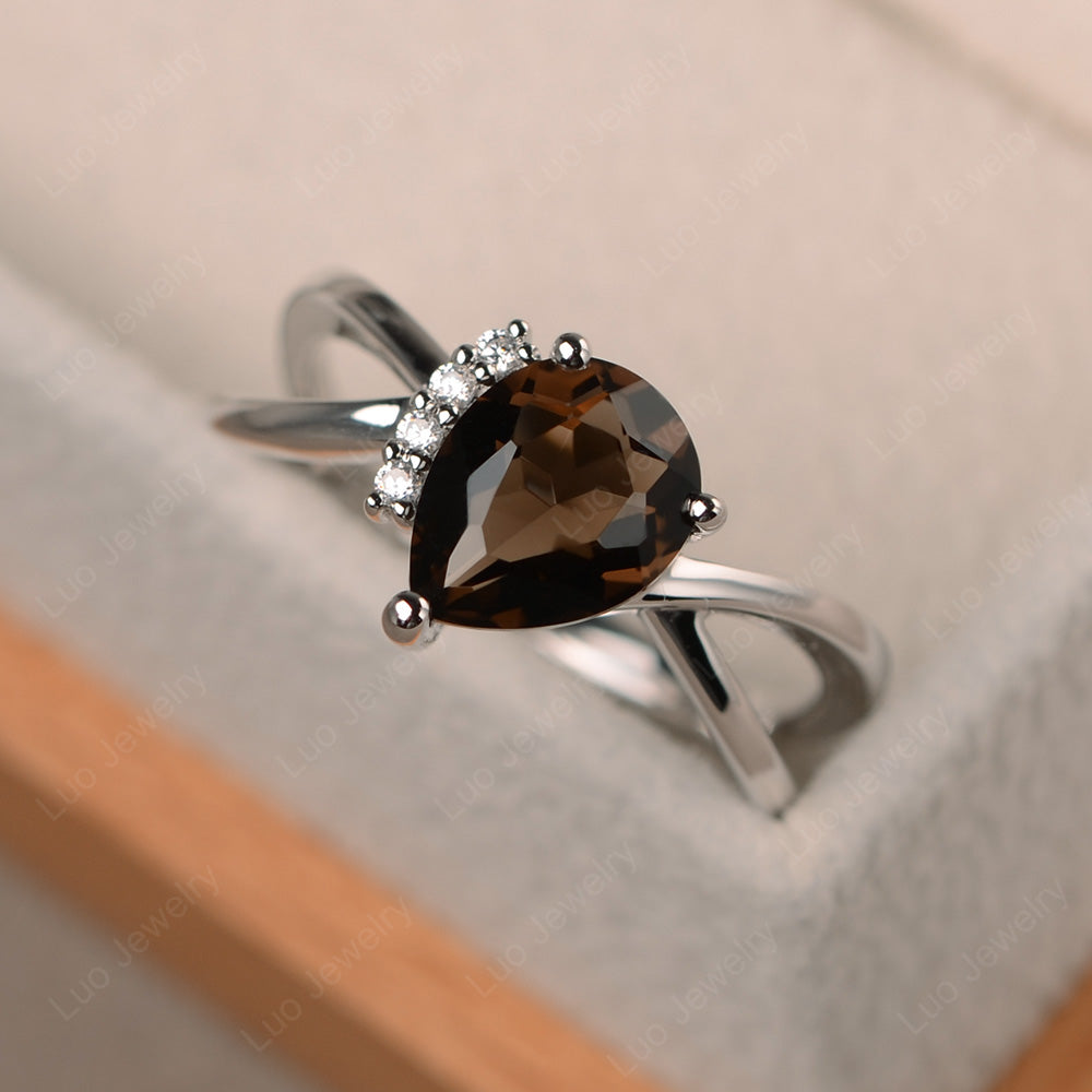 Smoky Quartz Ring Split Shank Pear Engagement Ring - LUO Jewelry