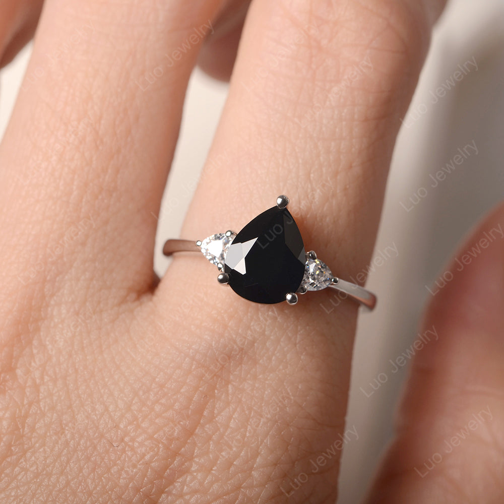 Black Stone Ring Teardrop Wedding Ring Rose Gold - LUO Jewelry