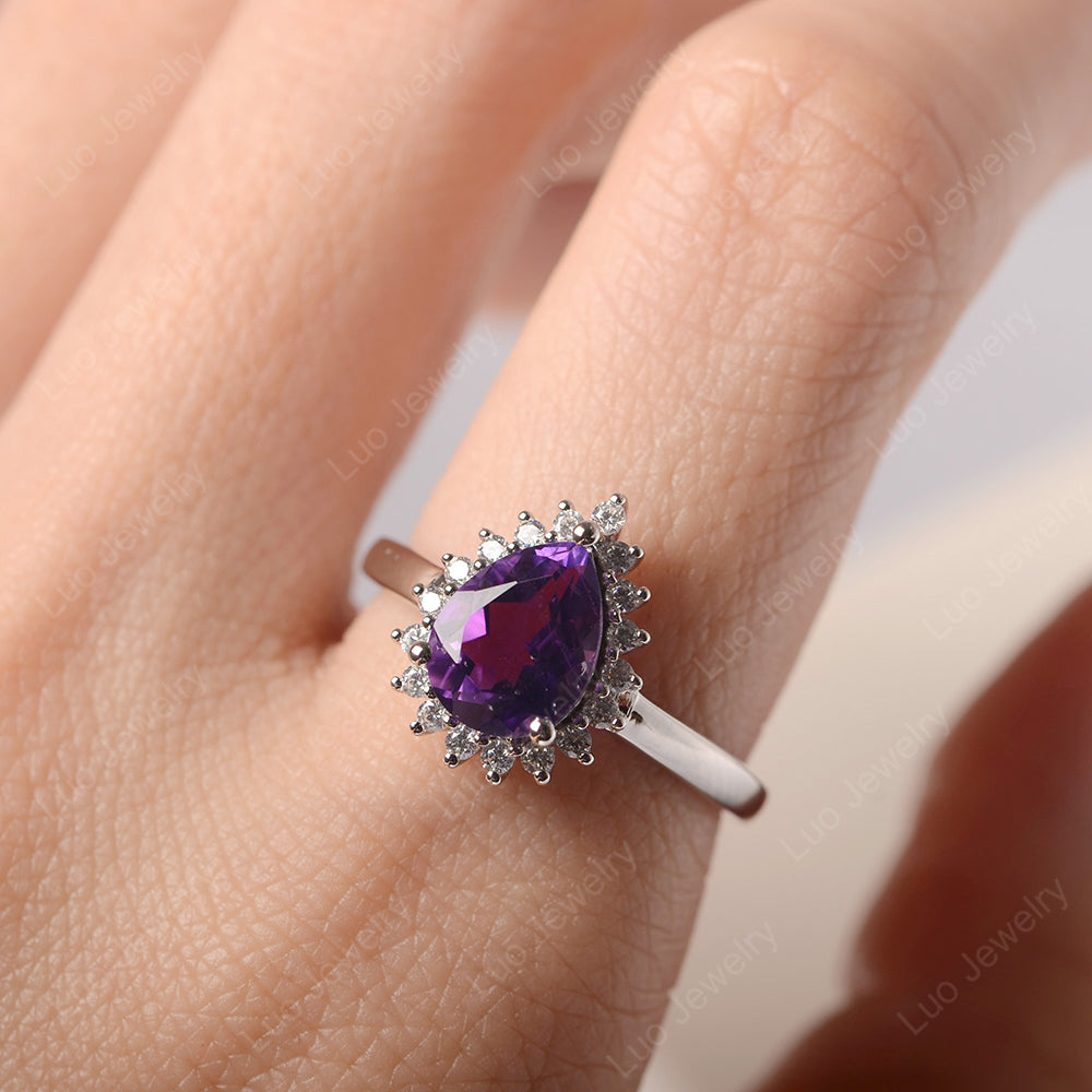 Amethyst Pear Halo Engagement Ring Silver - LUO Jewelry