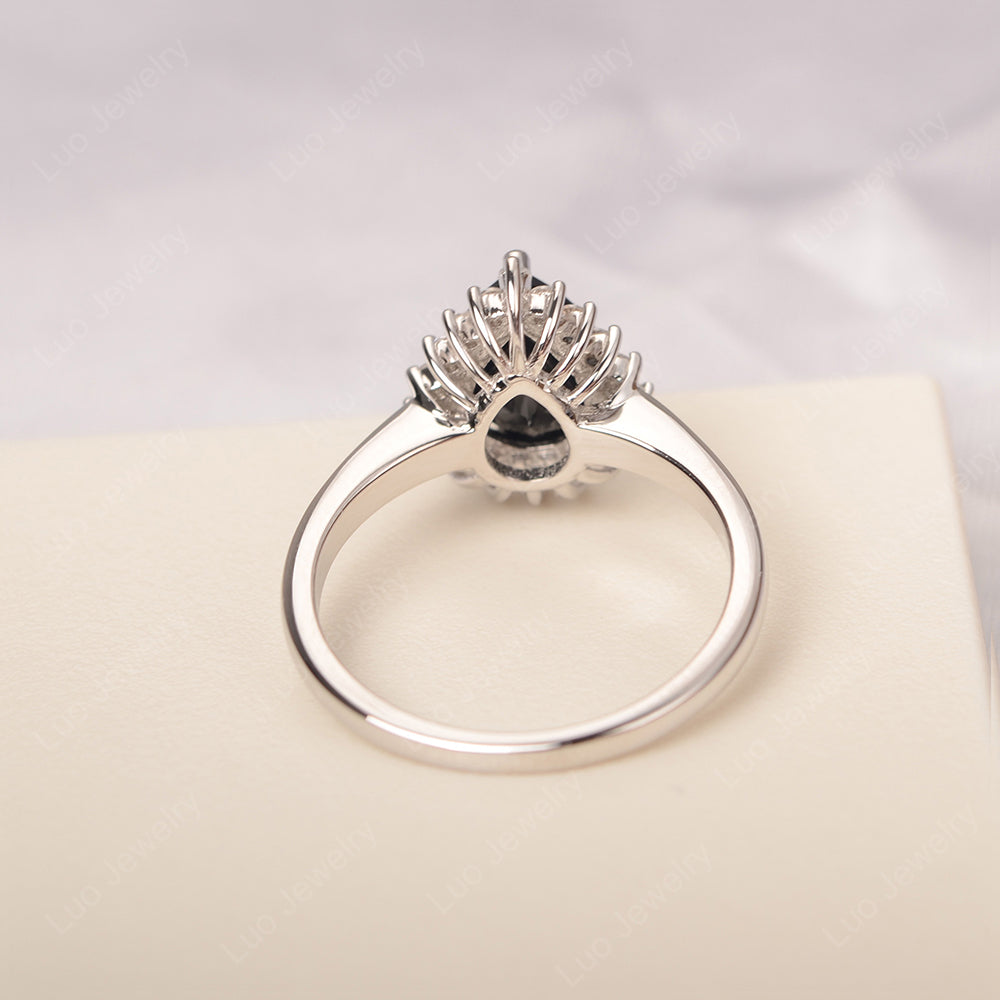 Black Stone Pear Halo Engagement Ring Silver - LUO Jewelry