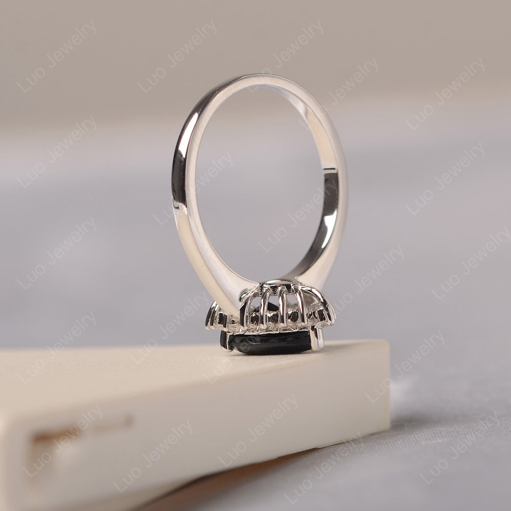 Black Stone Pear Halo Engagement Ring Silver - LUO Jewelry