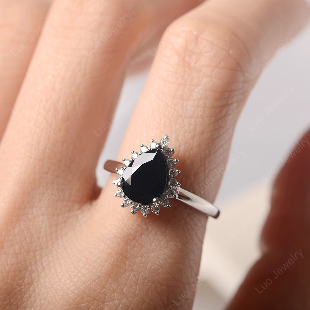 Black Stone Pear Halo Engagement Ring Silver - LUO Jewelry