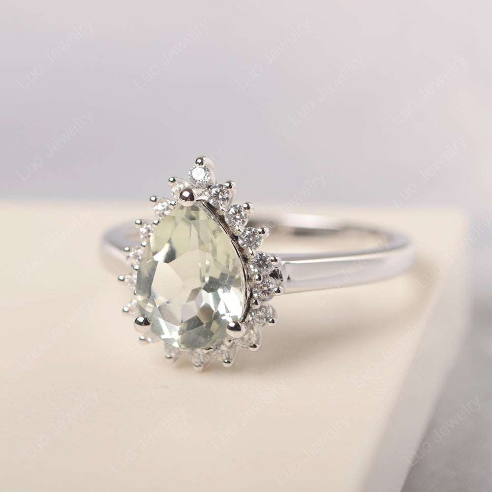 Green Amethyst Pear Halo Engagement Ring Silver - LUO Jewelry