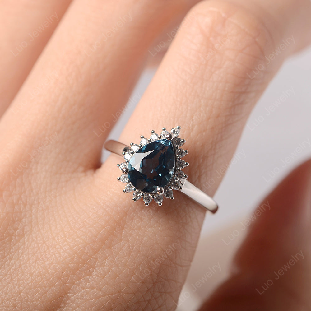 London Blue Topaz Pear Halo Engagement Ring Silver - LUO Jewelry