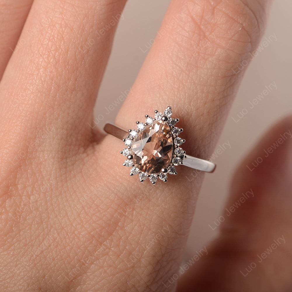 Morganite Pear Halo Engagement Ring Silver - LUO Jewelry