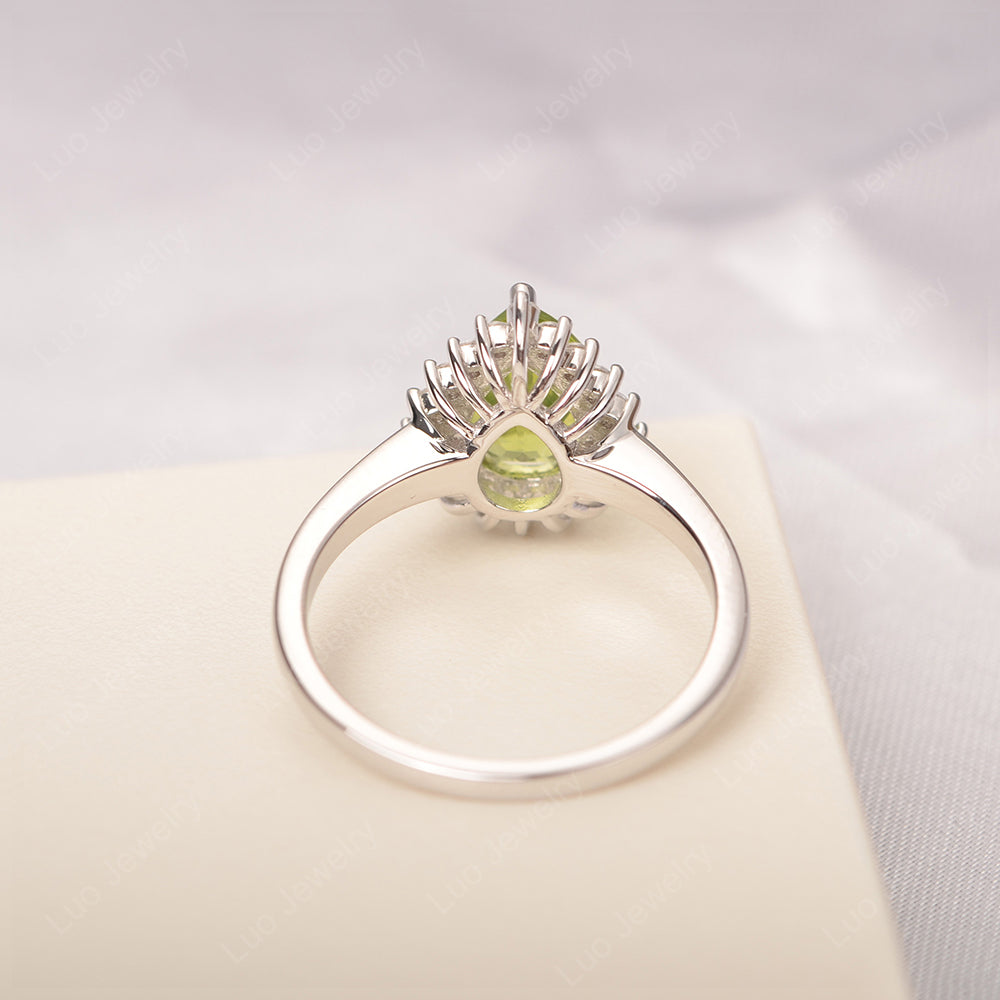 Peridot Pear Halo Engagement Ring Silver - LUO Jewelry
