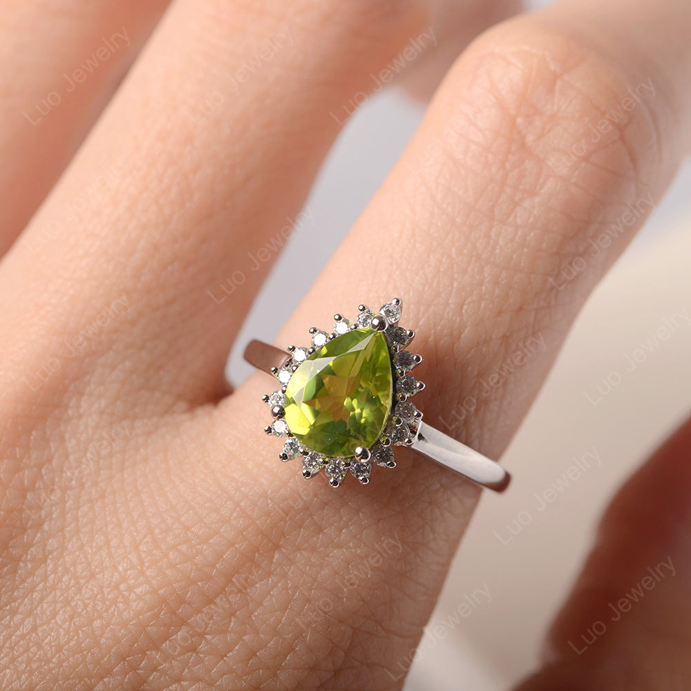Peridot Pear Halo Engagement Ring Silver - LUO Jewelry
